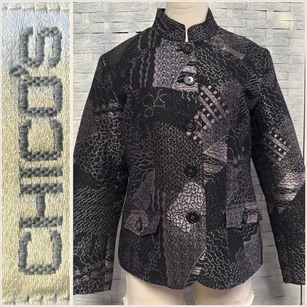 Chicos Blazer Sz 1 Medium Textured Metallic Paisley Mandarin Collar Button Front